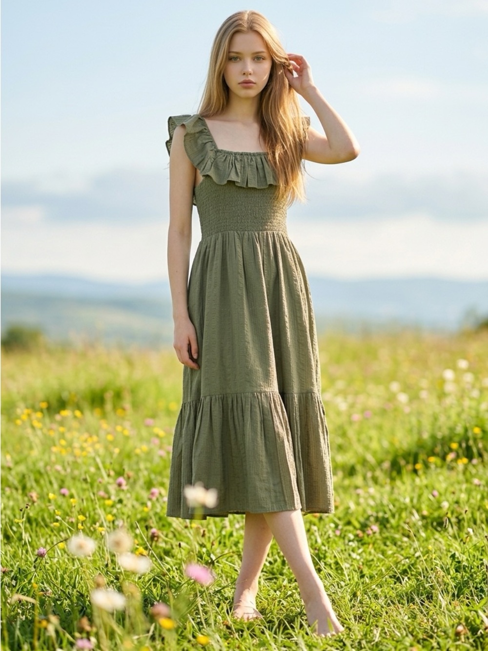 Dotti Olive Green Ruffle Midi Dress
